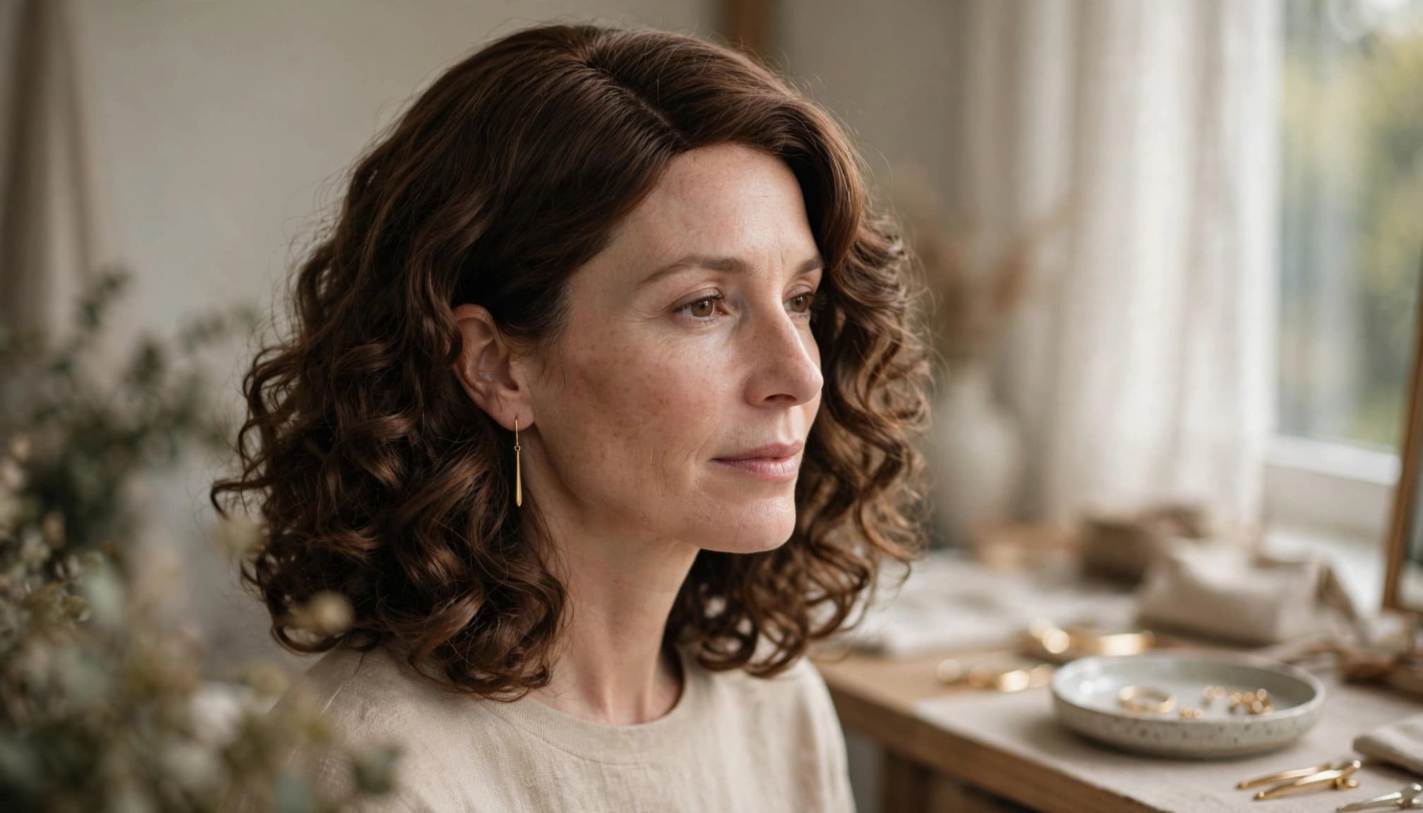 A woman with shoulder-length brown curls wears slim drop earrings beside a window.