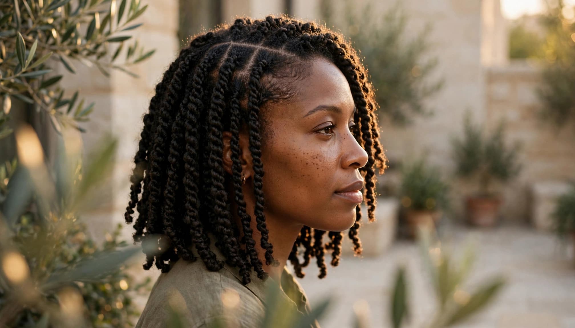 A woman with shoulder-length passion twists stands in a softly lit courtyard.