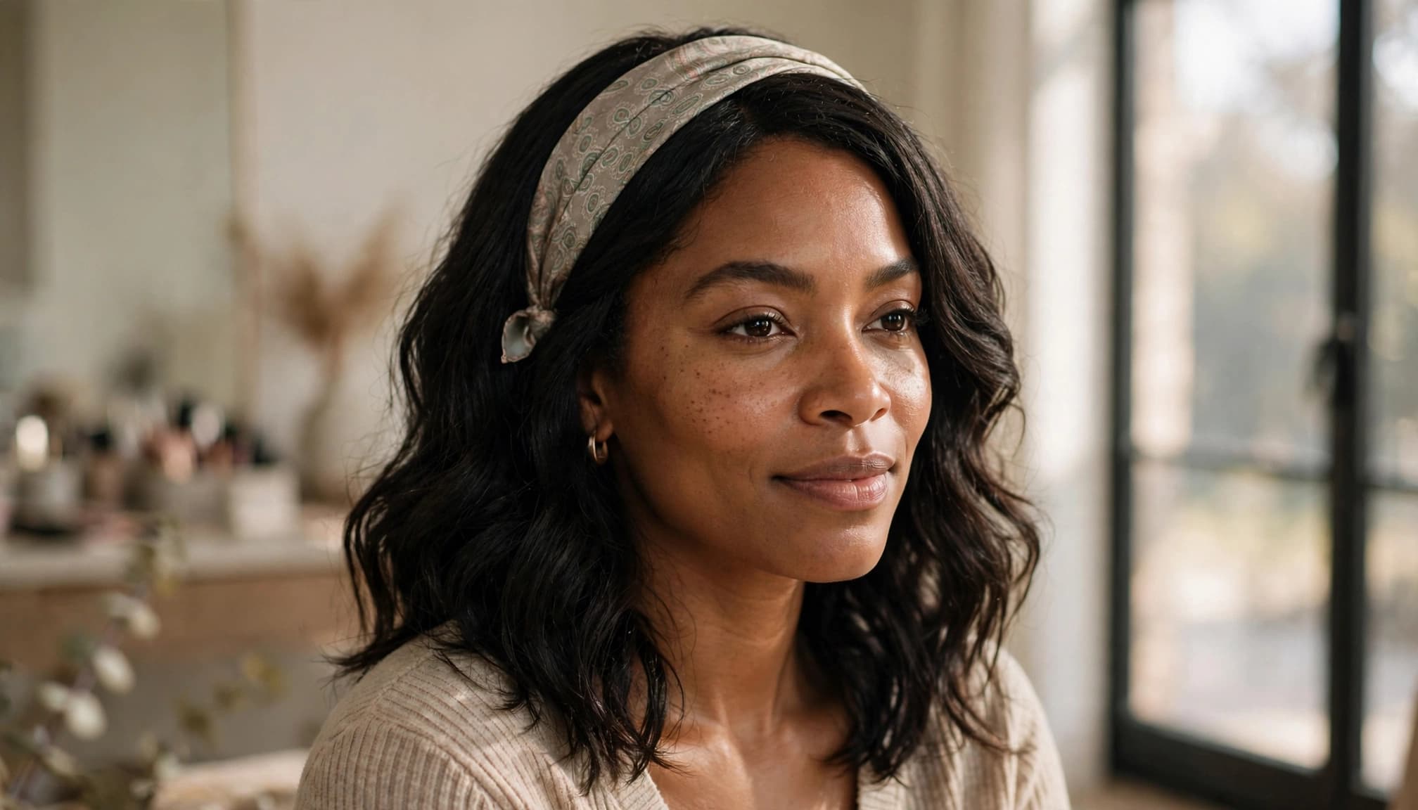 A woman wearing a patterned silk scarf over a shoulder-length wavy wig.