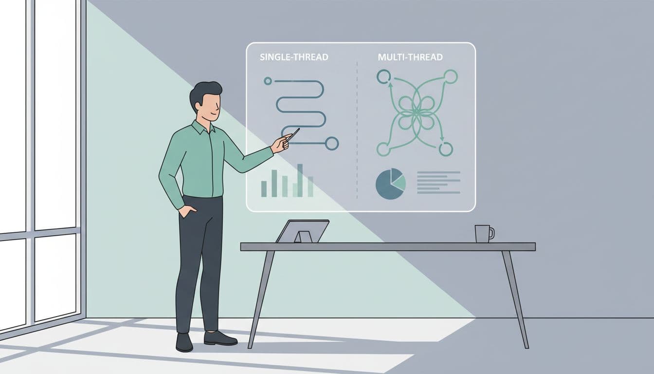 Modern illustration of a sales representative pointing to a screen displaying a comparison chart of single-thread versus multi-thread sales approaches in a clean desk setup.