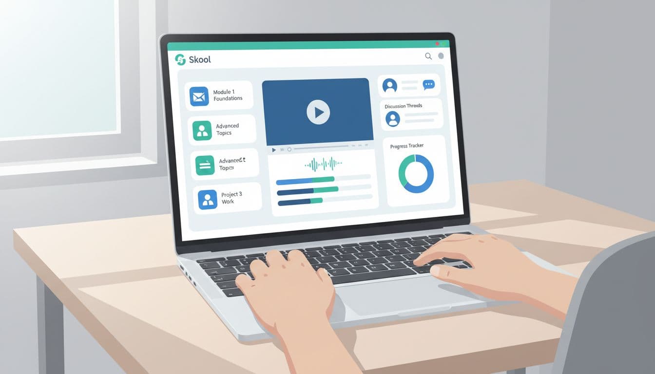 Modern illustration in clean shapes and controlled blues-greens palette depicting Skool classroom interface with organized course modules, video players, discussion threads, and progress trackers on a laptop screen in a simple office setting.