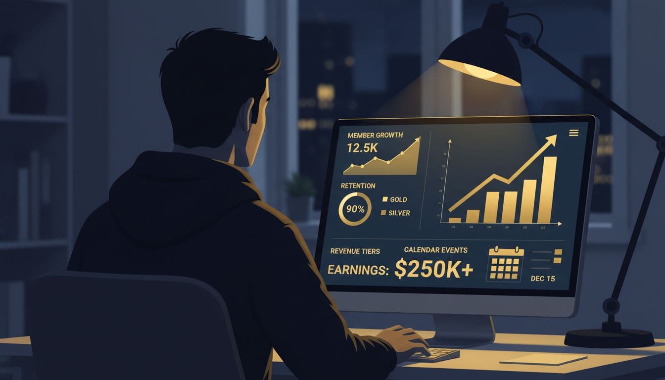 Illustration of a coach from behind reviewing a Skool analytics dashboard in a quiet home office at night, displaying member growth, retention, revenue tiers, calendar events, and upward-trending charts and graphs in modern style with deep blues and golds.