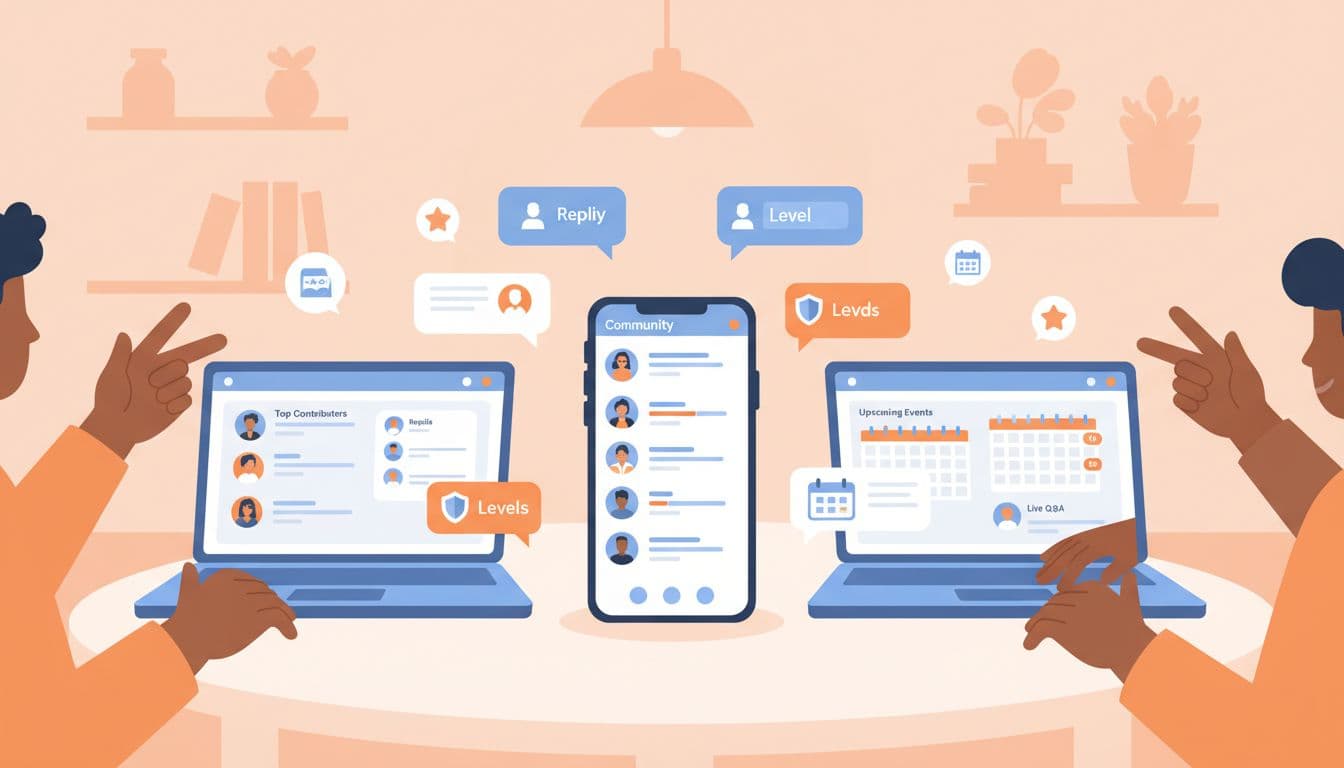 Group of diverse creators chatting and engaging in Skool community feed with posts, replies, levels, and badges on three devices in a cozy virtual meeting room.