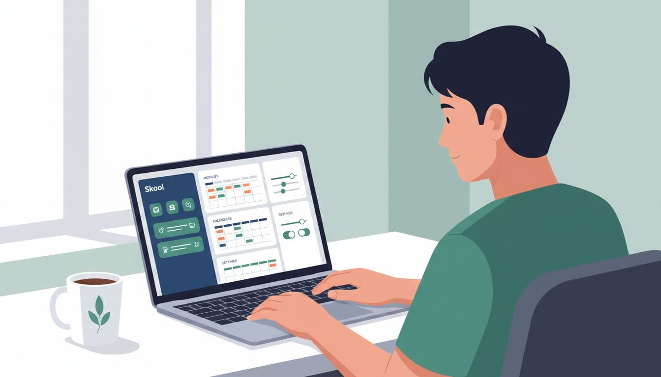 Creator at modern desk configuring Skool community dashboard on laptop screen with modules, calendars, and settings panels visible. Focused workspace with coffee mug, keyboard, and soft window light in clean modern illustration style.