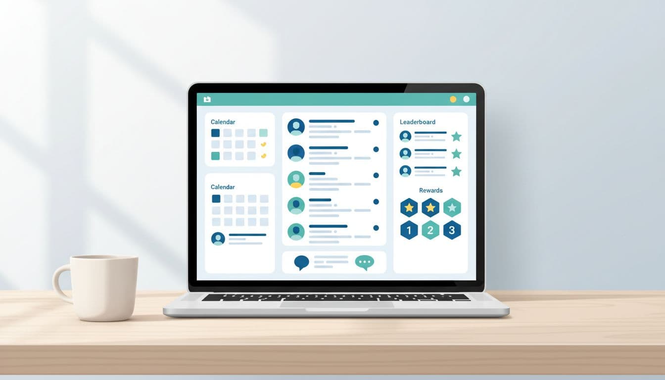 Modern illustration of a vibrant online community dashboard on a laptop screen, featuring activity feeds, leaderboards, rewards badges, calendar events, and user chats; laptop on a desk with coffee mug, blue-green palette, no people or text.