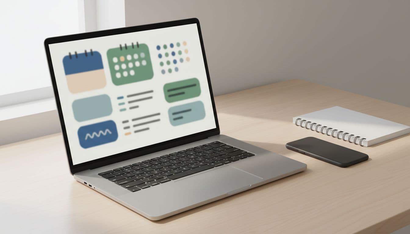 Modern illustration of a simple Skool community dashboard on an angled laptop screen, displaying blurred calendar events, member list, and chat feed. Nearby desk features a notebook and phone in a neutral palette with soft daylight.