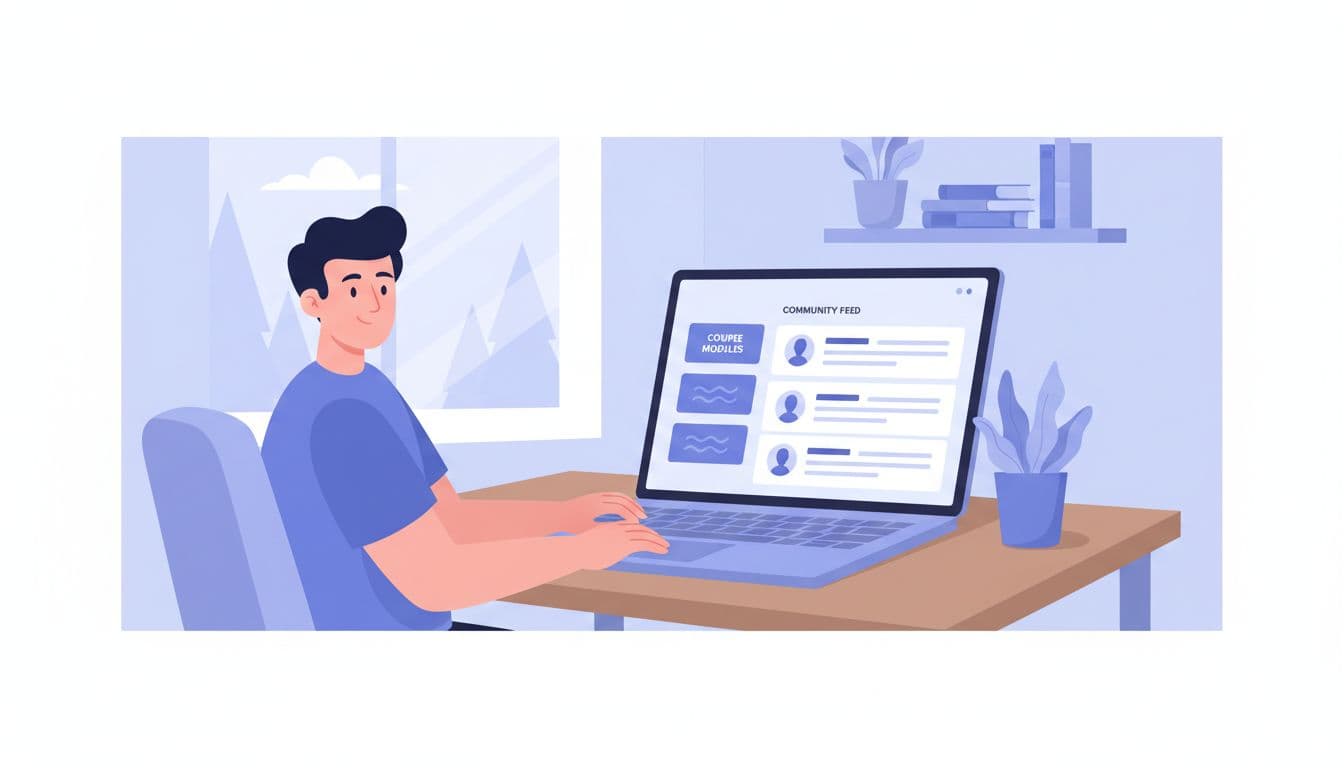 A creator sets up a Skool community dashboard on a laptop in a cozy home office. Screen displays simple course modules and community feed with relaxed hands on keyboard.