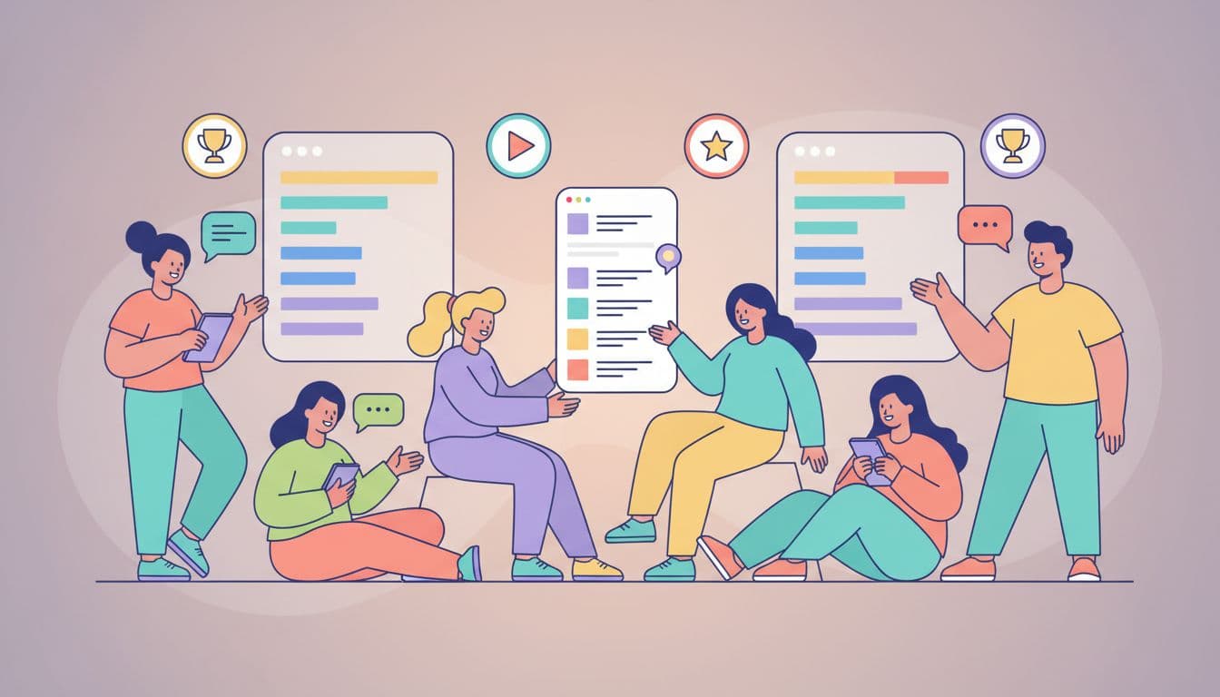 Modern illustration of a vibrant online community with six diverse avatars chatting and posting on a feed, featuring leaderboards and event icons in the background.