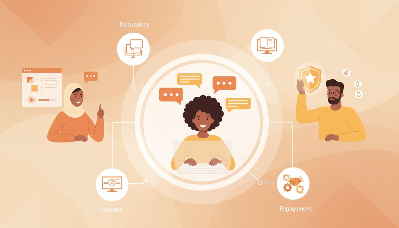 Modern illustration of three diverse community members interacting virtually: one posting in chat, one viewing course lesson, one earning badge points, with floating icons for discussions, lessons, and engagement in a collaborative online setting.