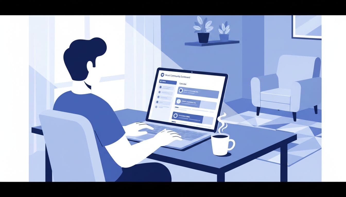 Modern illustration of Skool community dashboard on a laptop in a cozy home office, displaying calendar tab with scheduled group coaching events in blues and whites.