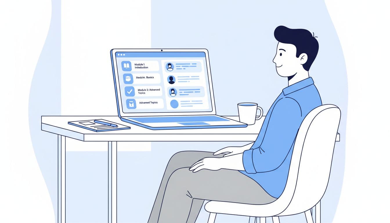 Clean illustration of Skool dashboard on laptop screen displaying course modules and active community chat feed, with relaxed person at simple desk.