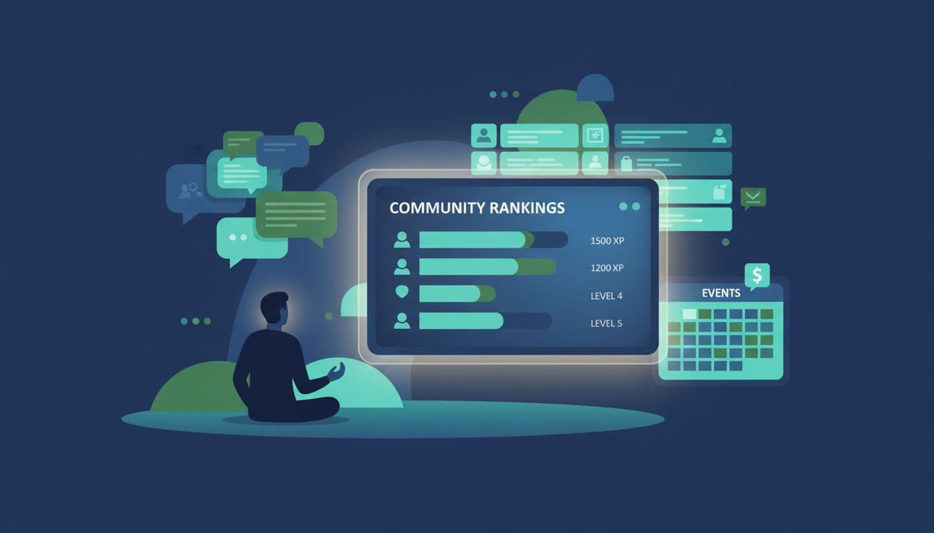 Modern illustration in blues and greens showing a Skool community leaderboard with ranks, points, and levels, chat bubbles, events calendar, and course modules in the background, viewed by one distant person.