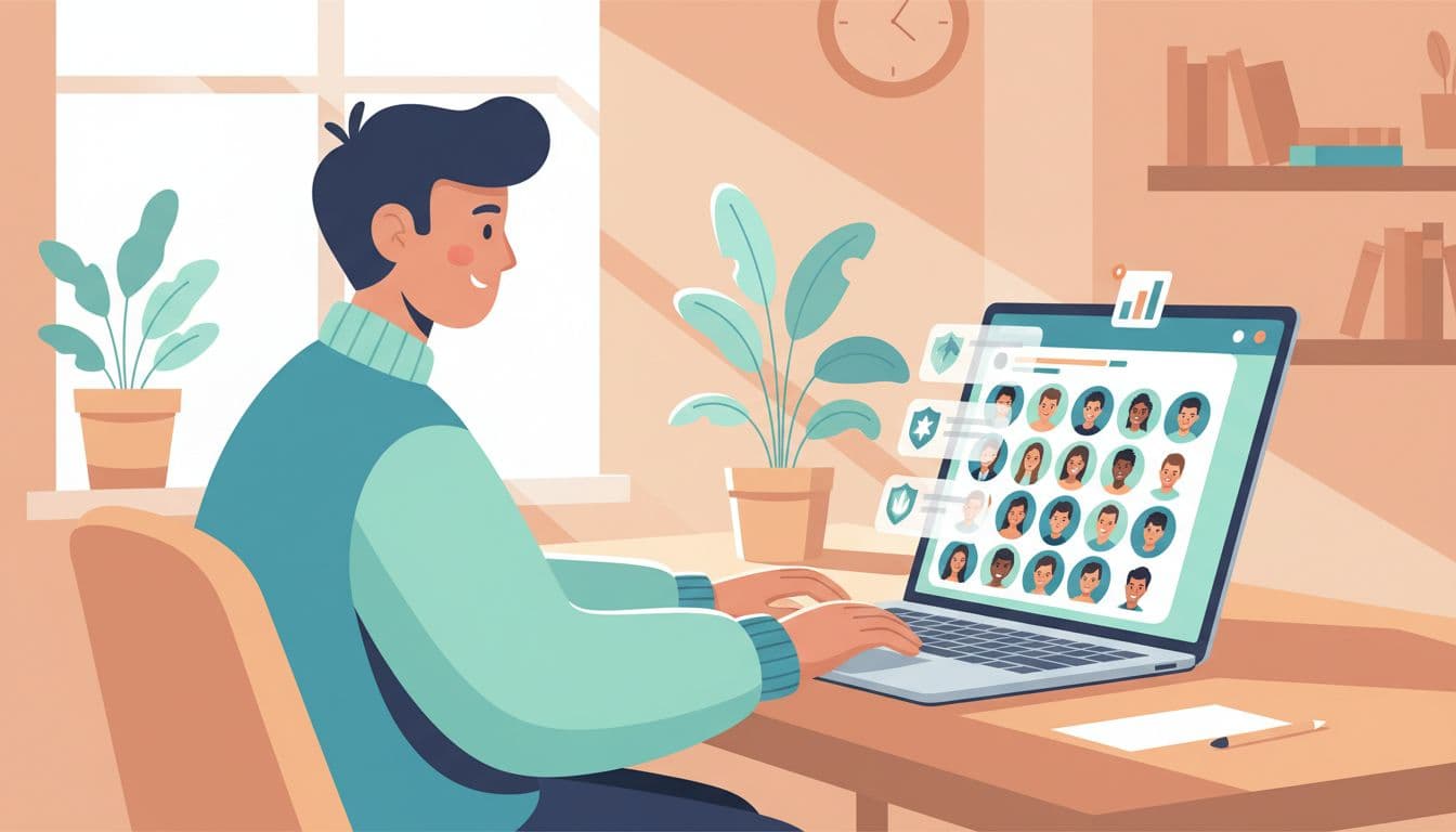 Modern illustration of a creator in a cozy home office at a desk with laptop displaying Skool-style community feed featuring gamification like leaderboards and points icons, using clean blue-green palette and natural daylight.