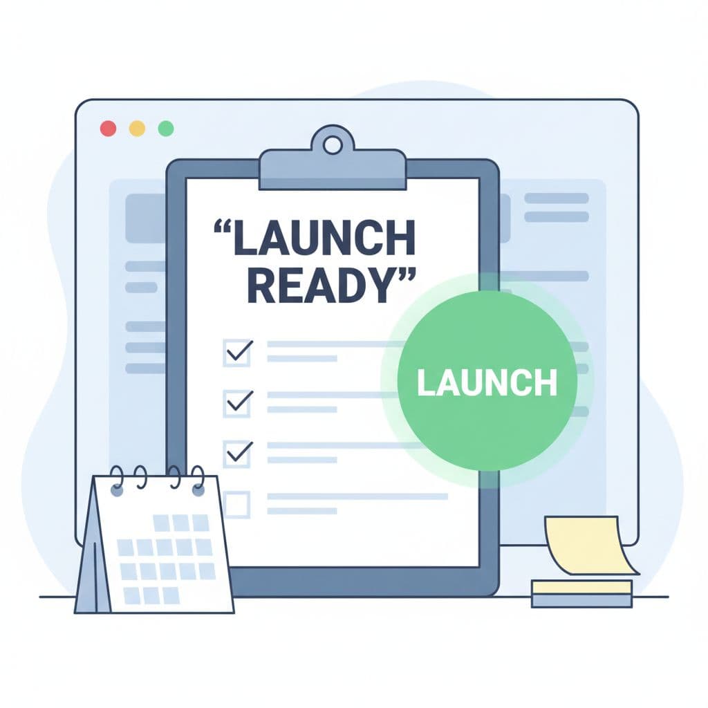 Modern illustration of a checklist on a clipboard next to a launch button on a Skool site interface, with a simple desk setup including calendar and notes.