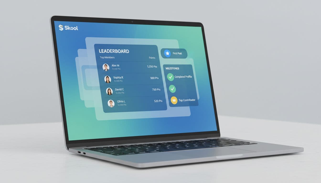 Vibrant illustration of Skool platform's online community dashboard featuring a central leaderboard with user names, points, and milestone badges in a clean blue-green palette on a single laptop screen.