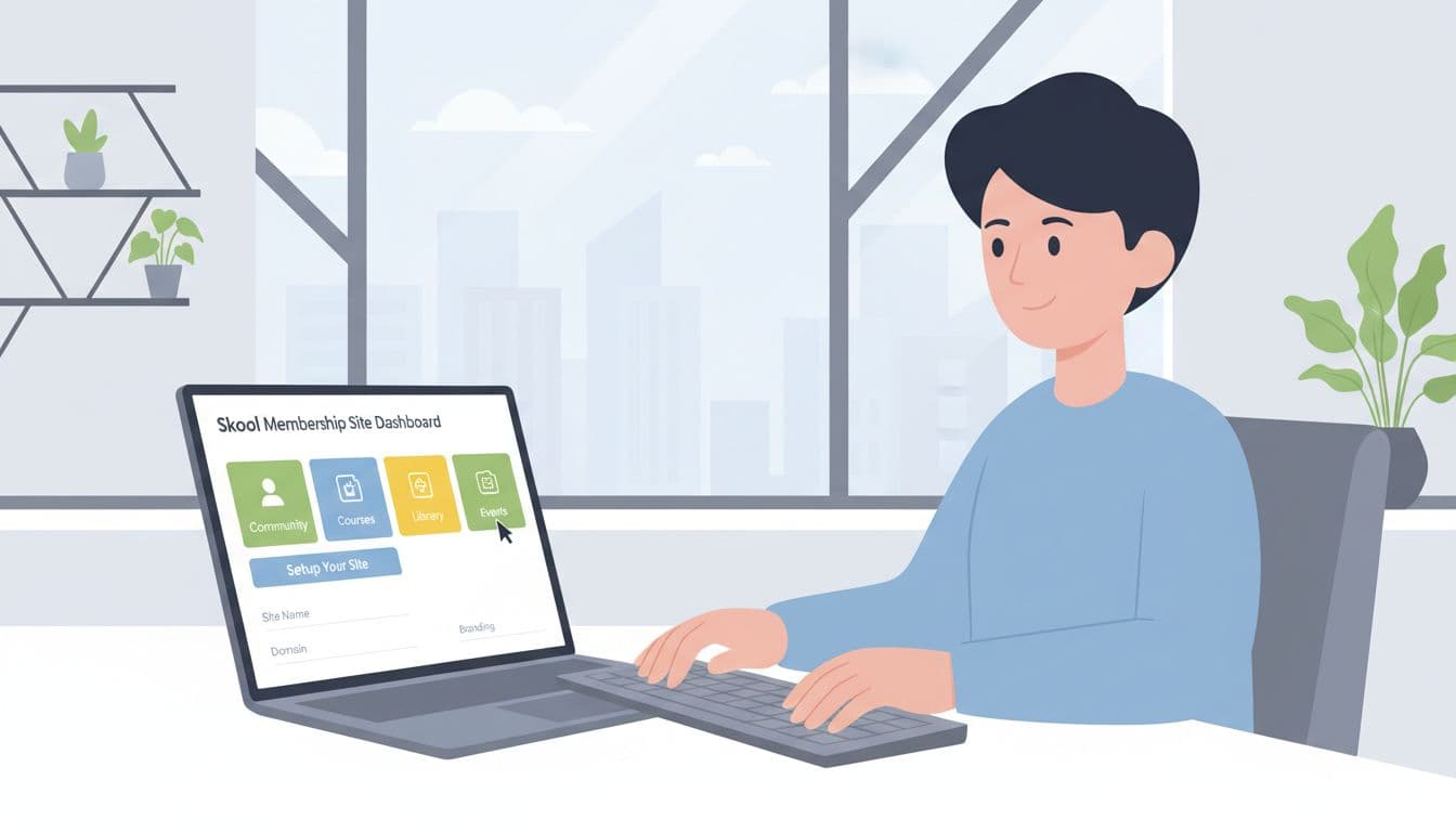 Modern illustration of a single person at a desk configuring a Skool membership site dashboard on a laptop, with a clean office background and focus on the screen and relaxed hands on the keyboard.