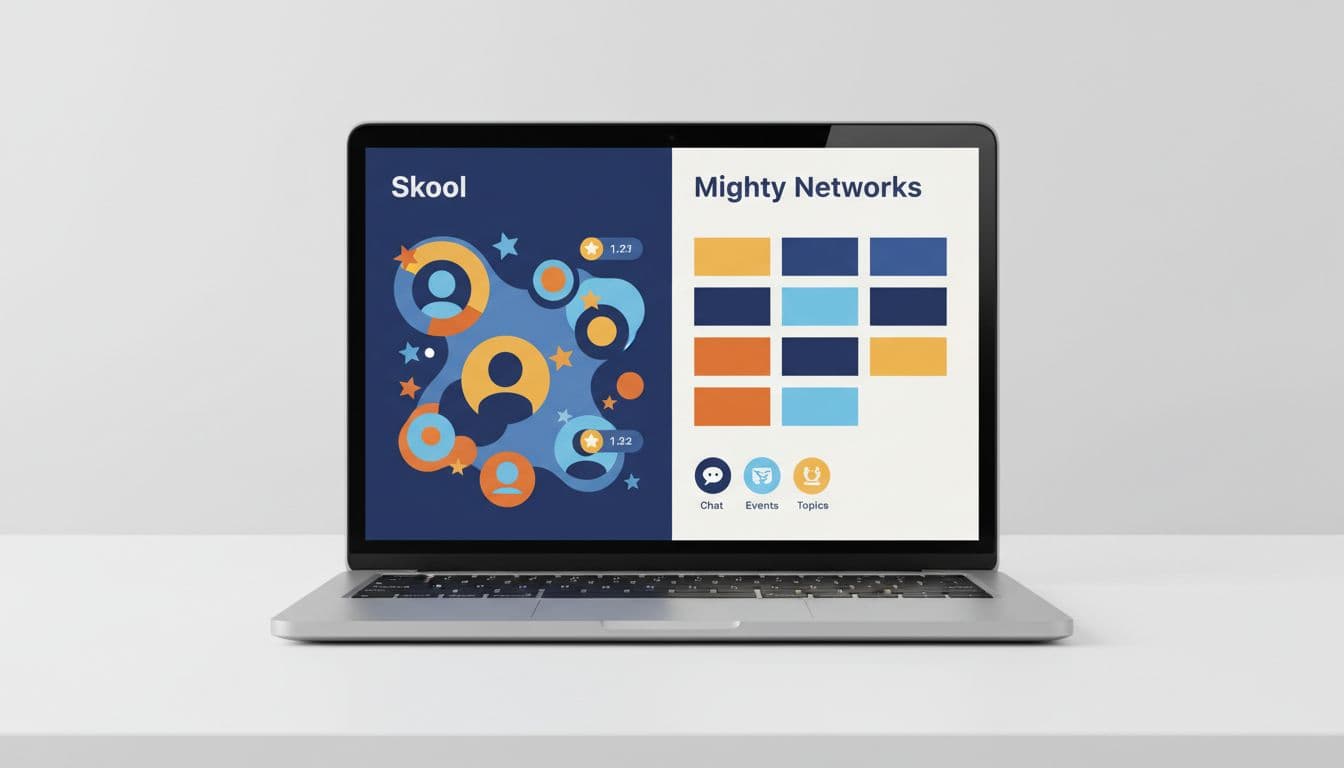 Top-down view of a laptop screen in a modern workspace, split to compare Skool's vibrant gamified feed with stars and levels on the left, and Mighty Networks' structured modules, chats, and icons on the right.