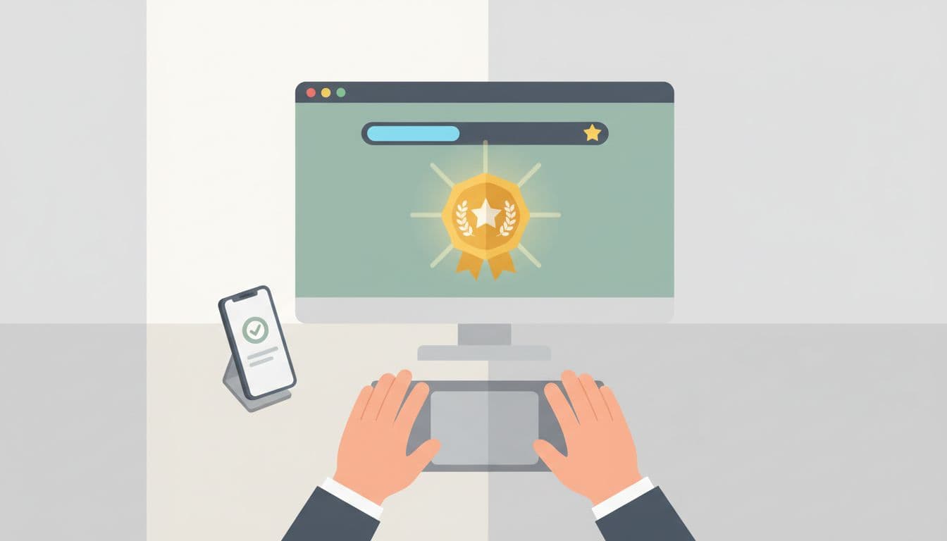 Modern illustration of a user completing a Skool challenge, progress bar filling to milestone with reward badge popping up on phone in simple desk setup, soft natural light, strong central composition.