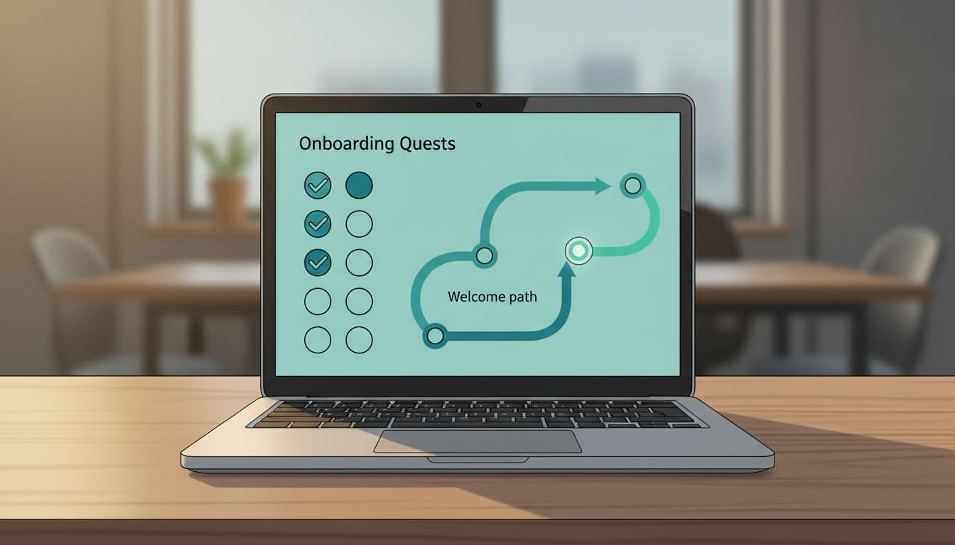 Modern illustration showing a new member starting their onboarding quest in the Skool community, with partially checked checklist icons, welcome path visualization, and a laptop on a table under warm lighting.