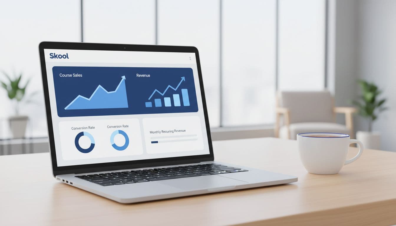 Modern illustration of a laptop screen displaying Skool analytics dashboard with course sales metrics and revenue graphs, on a desk with a coffee mug nearby.