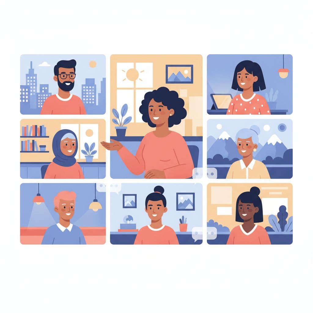 Modern illustration featuring a grid of six diverse, engaged participants in a Skool group coaching video call, with the host centered and gesturing relaxedly amid subtle virtual backgrounds.
