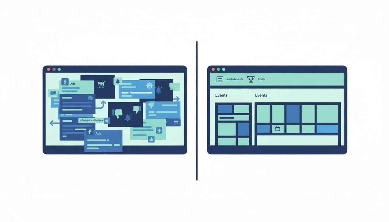 Modern illustration in clean shapes and blues-greens palette: side-by-side screens contrasting cluttered Facebook group feed (ads, spam, notifications, off-topic posts) with sleek Skool community dashboard (organized feed, leaderboards, chats, events).
