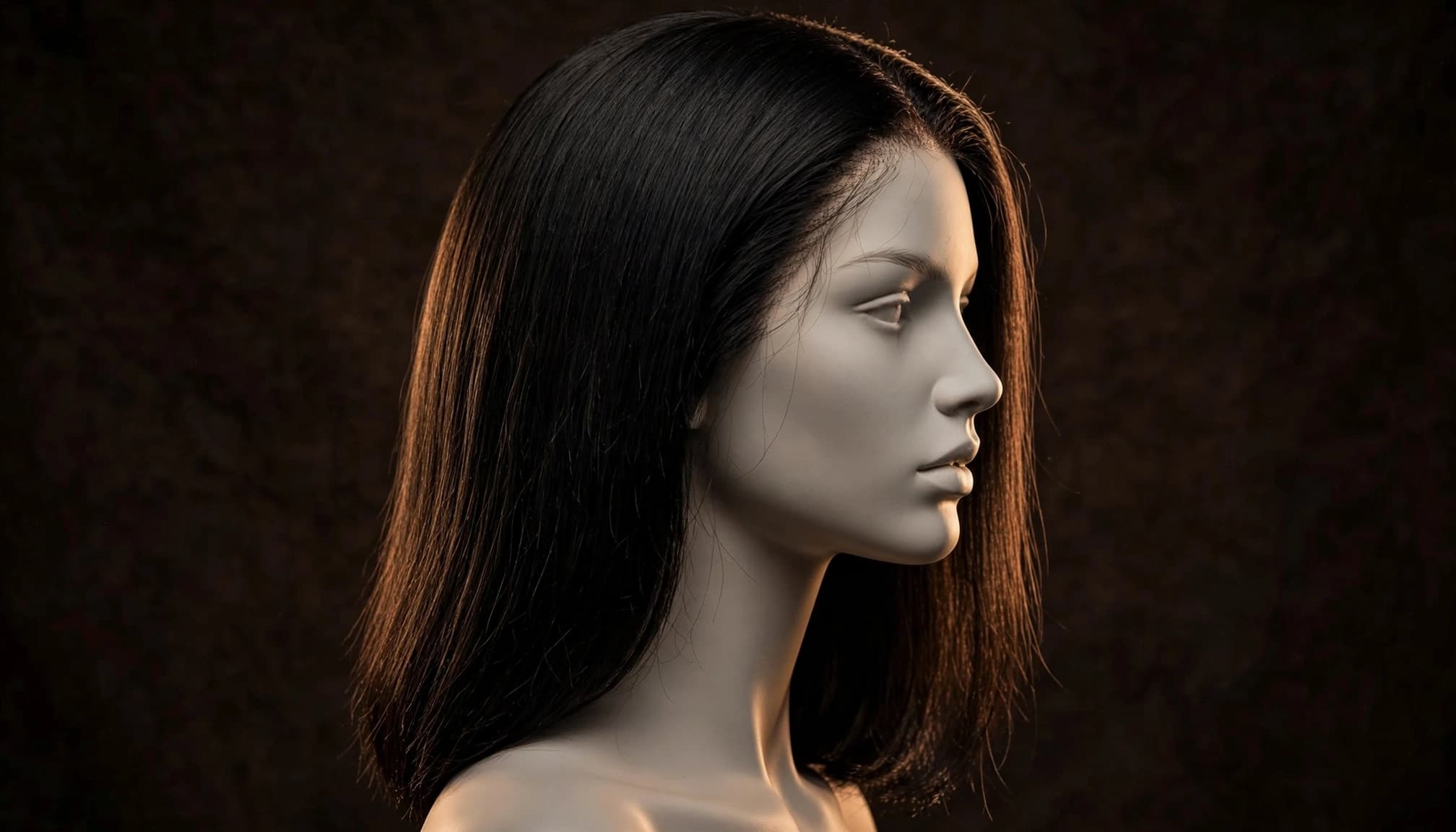 A mannequin head wears a straight black wig against a dark studio background.