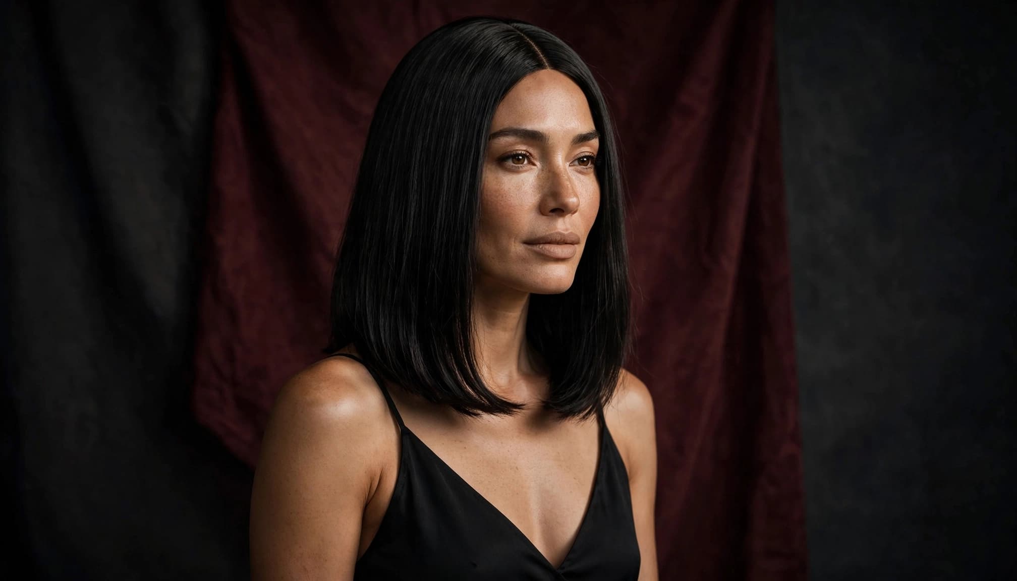 Woman in a sleek shoulder-length wig and black V-neck camisole against a burgundy backdrop.