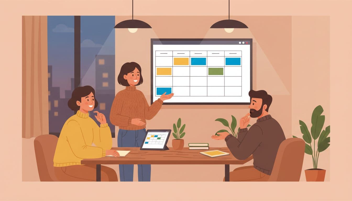 Modern illustration of a small marketing team in a cozy meeting room viewing a shared project calendar on a tablet and wall display with color-coded deadlines, engaged in relaxed discussion under warm lighting.