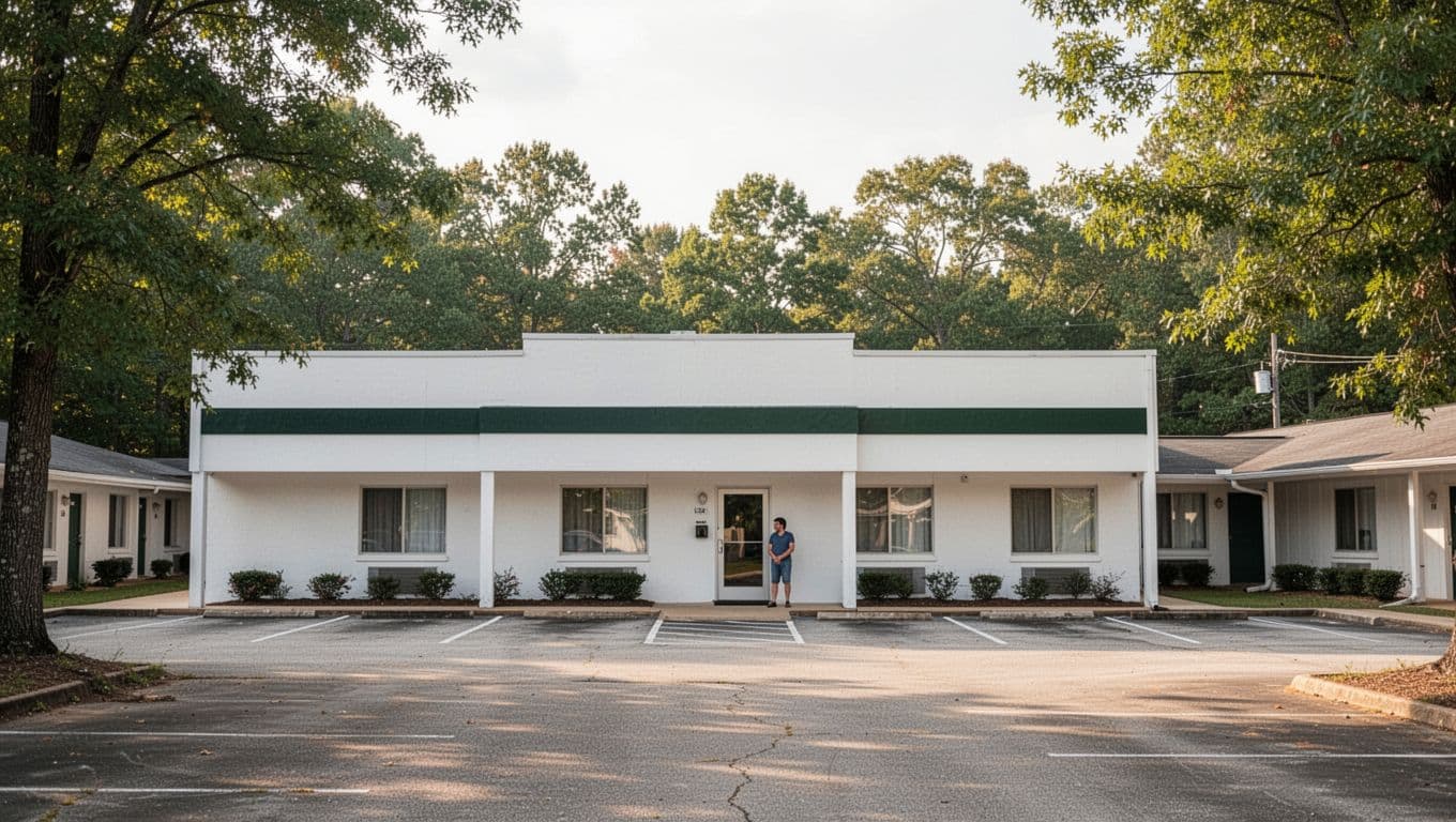A peaceful motel exterior in Alabama with a green headline band and parking lot.