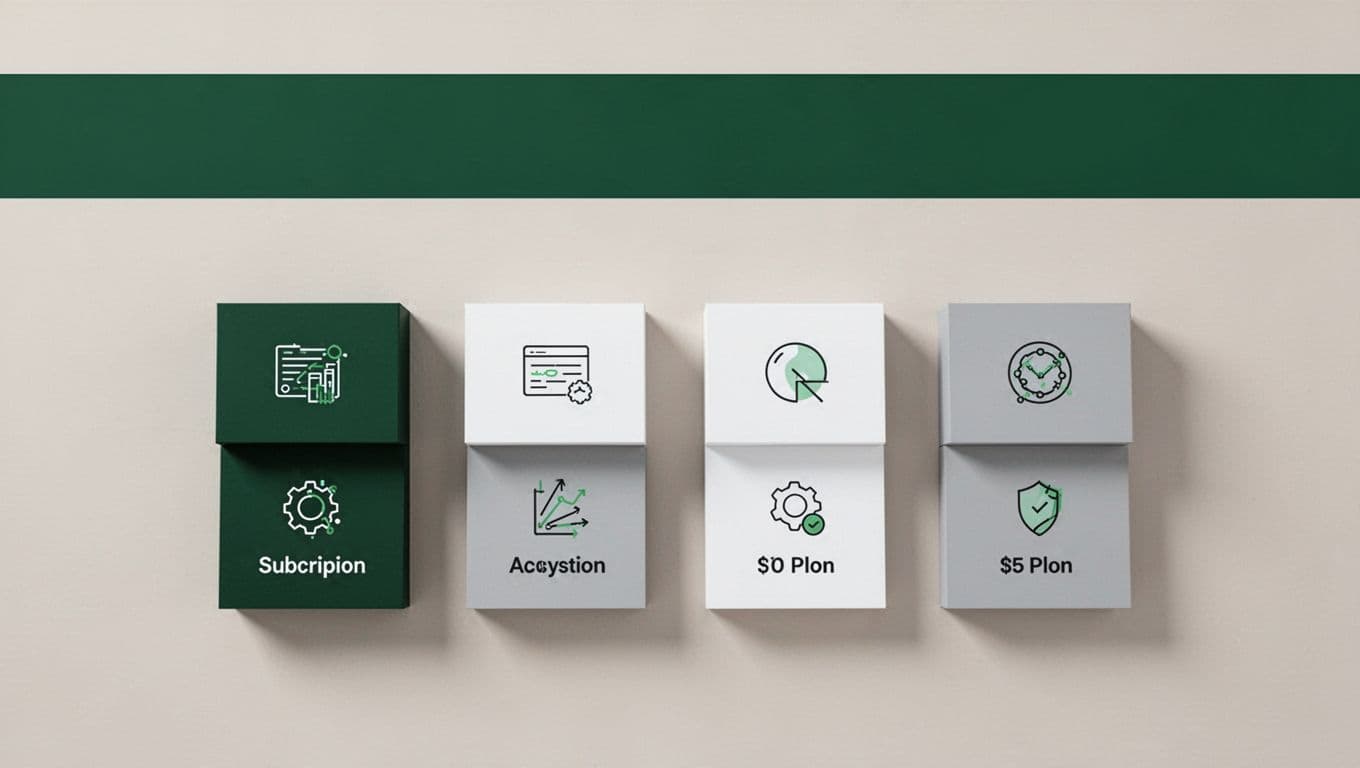 A dark green header with white pricing text over abstract subscription tier graphics.