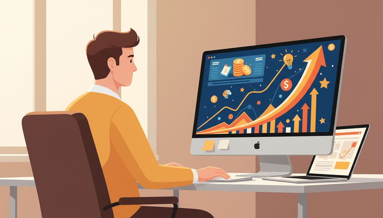 Modern illustration of a person at a desk spotting rising trend graphs with exploding upward curves and business icons on a laptop screen in a bright office.