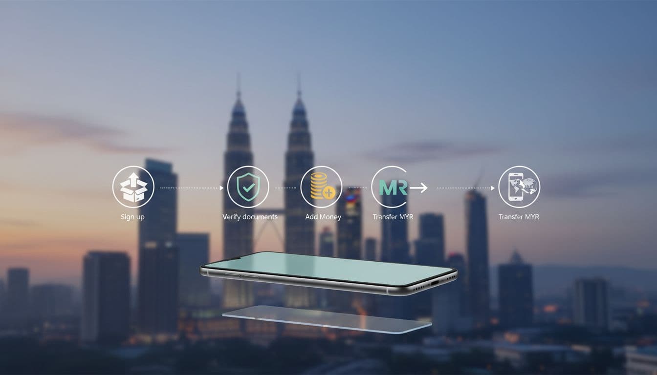 Modern illustration of sequential icons depicting sign up, document verification, adding funds, and MYR transfer on phone and laptop, with subtle Malaysian city background.