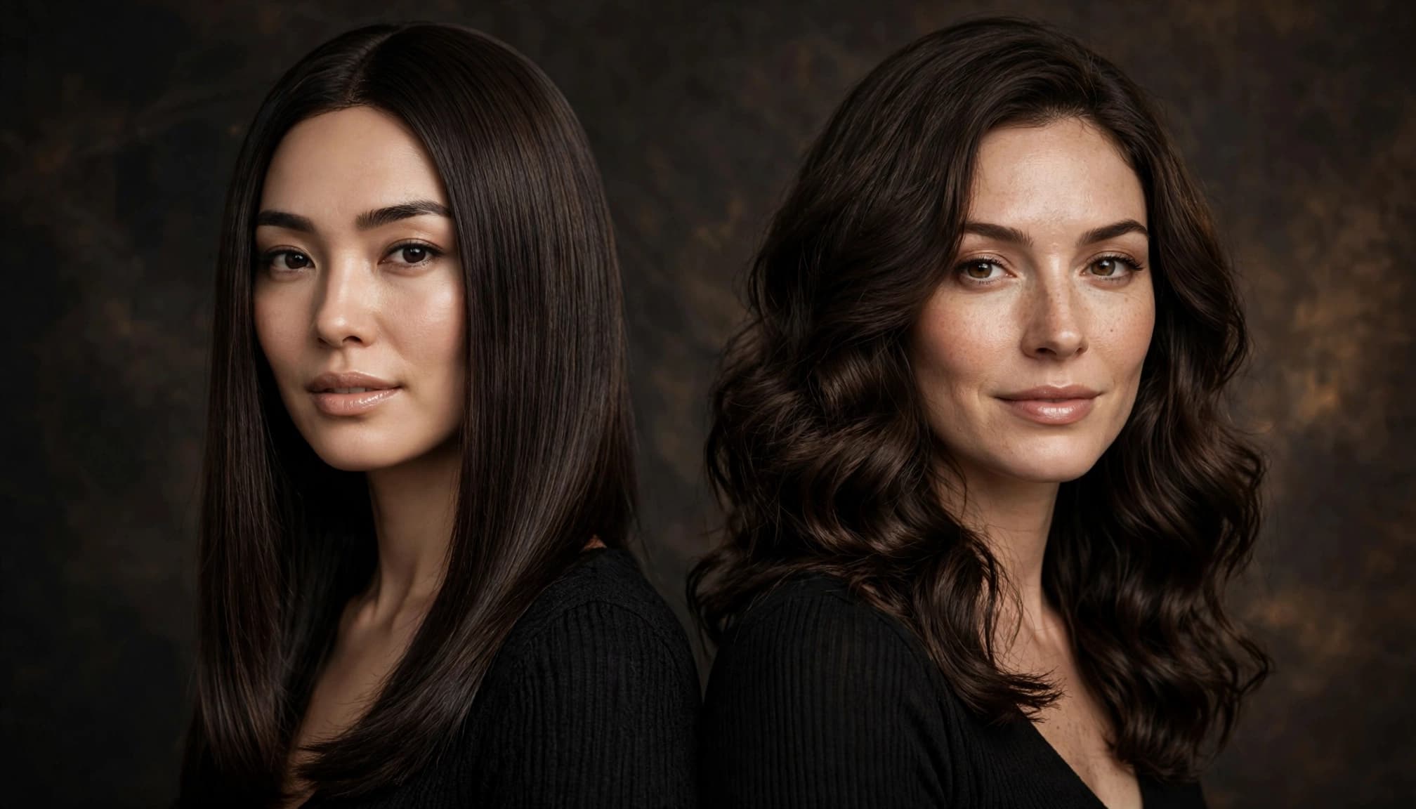 Two women model dark brown wigs, one straight and one softly waved.