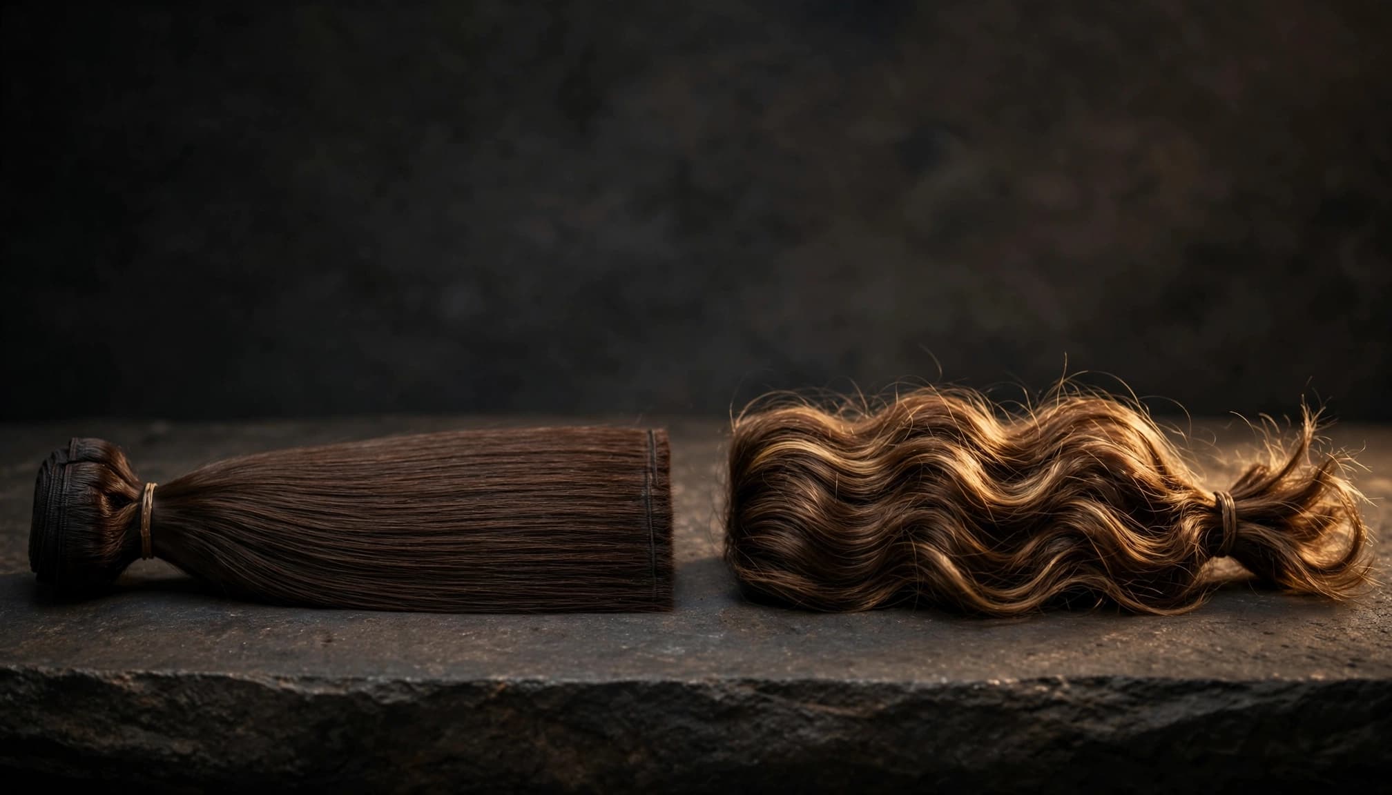 Two hair bundles compare smooth aligned strands with a naturally wavy untreated texture.