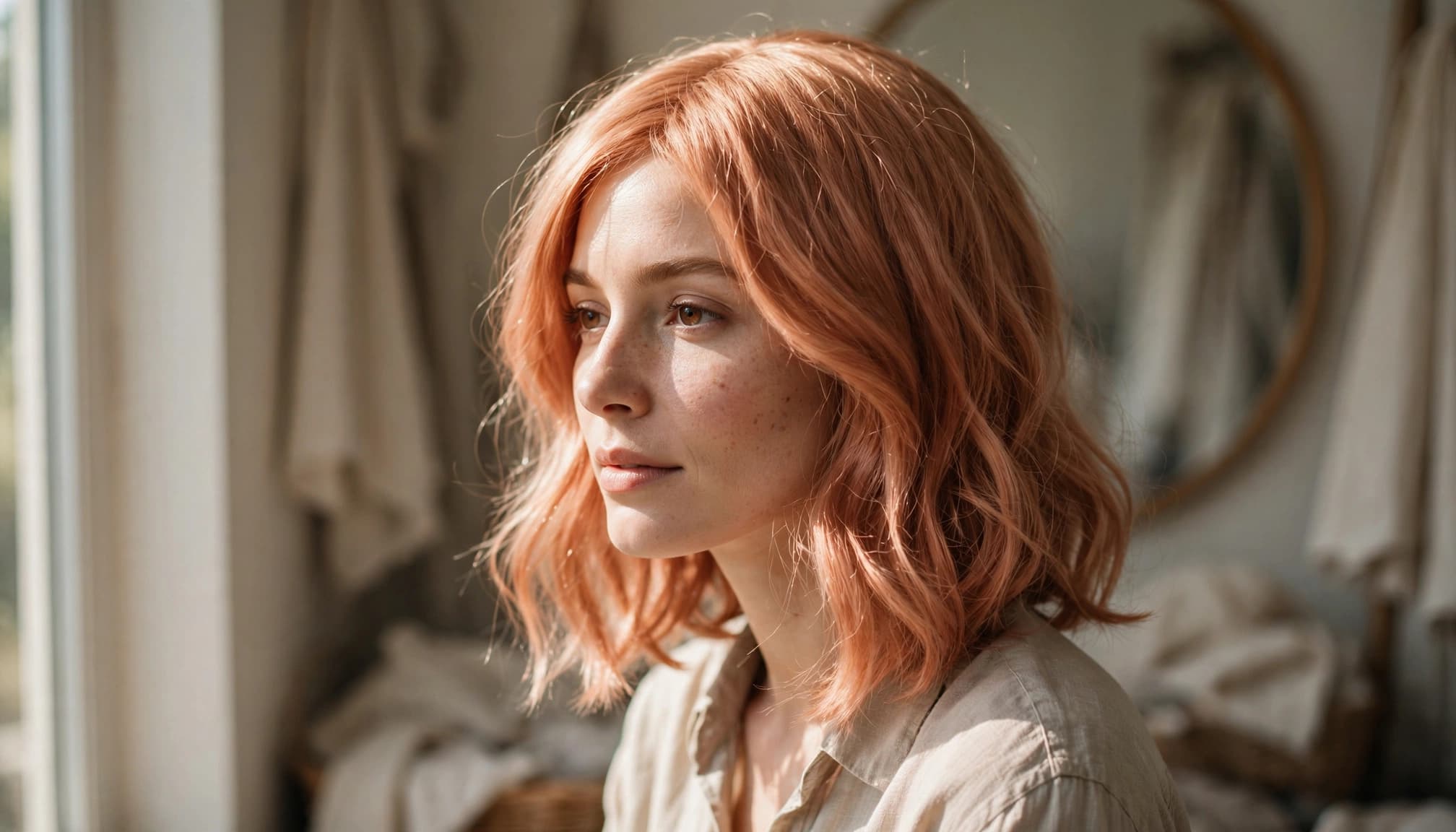 A woman in a softly waved copper wig stands beside a sunlit window.