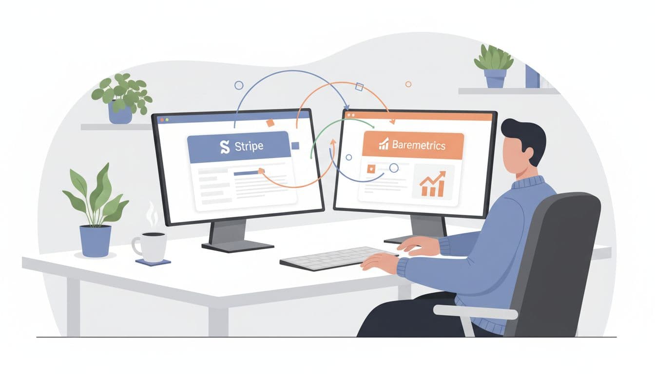 Modern illustration of a single person at a clean desk syncing Stripe and Baremetrics dashboards on dual monitors with flowing data icons, in an office with plants and coffee mug.