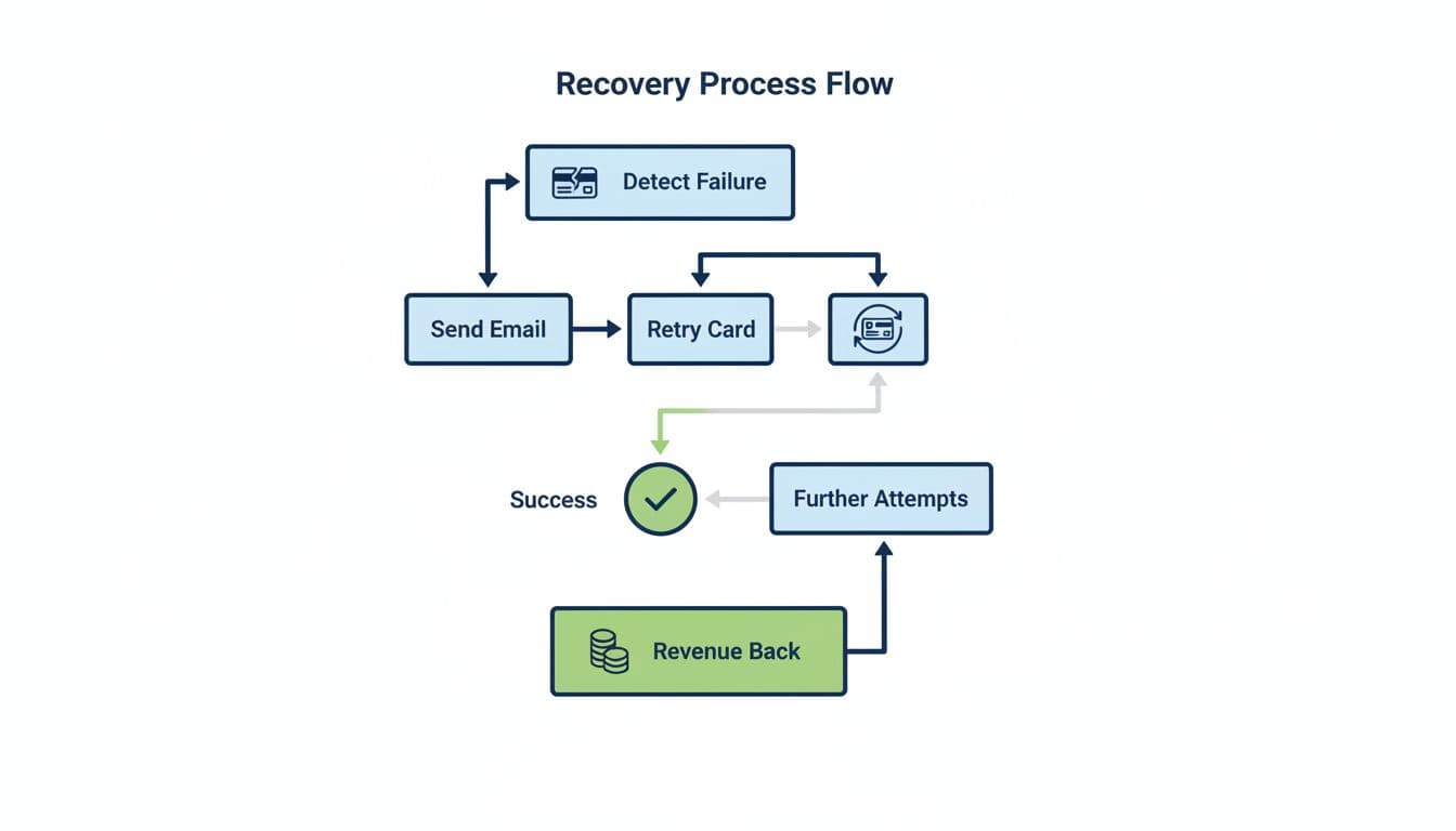 Modern illustration of a flowchart depicting the Stripe failed payment recovery process, with steps including detect failure, send email, retry card, and success revenue recovery. Simple icons connected by arrows on a white background with clean shapes and strong composition.