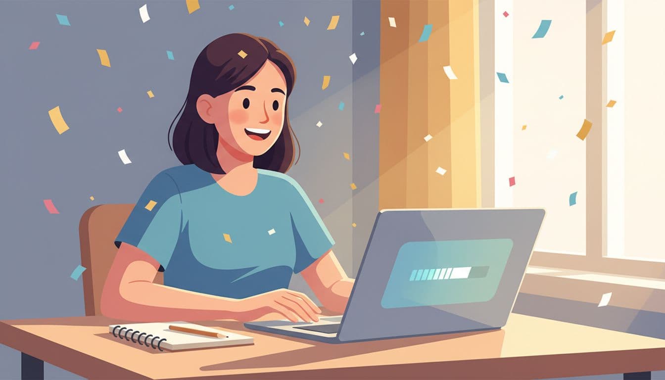 A smiling student sits at a desk with a laptop and notebook, joyfully reaching a course milestone amid celebratory confetti and a nearly full progress bar in soft focus.