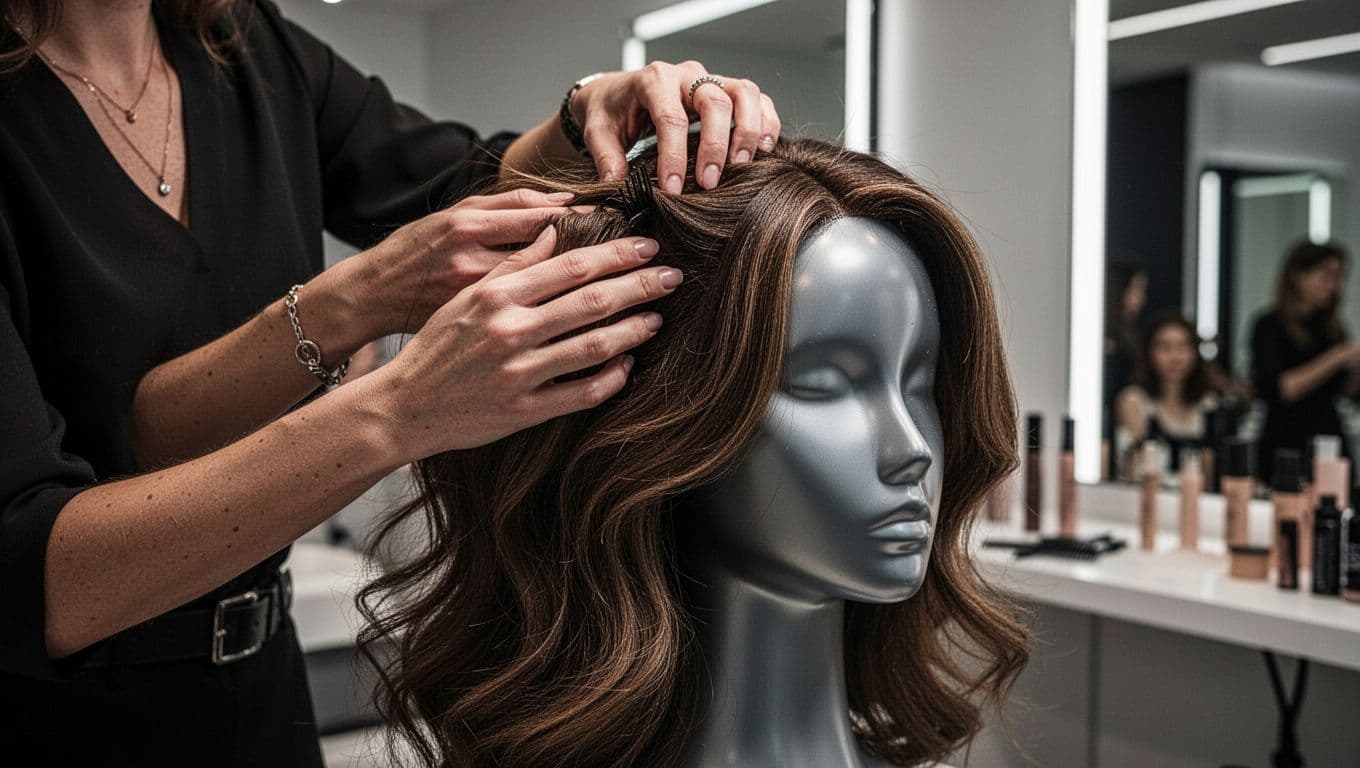 A stylist shapes a human hair wig on a mannequin head in a beauty studio.