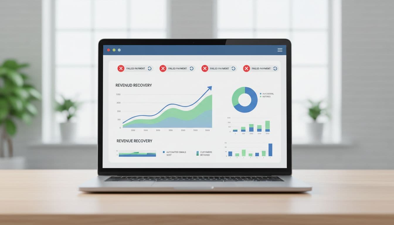Modern illustration of a subscription business dashboard featuring failed payment alerts, automated retry icons, and revenue recovery charts on a centered laptop screen with a soft office background.