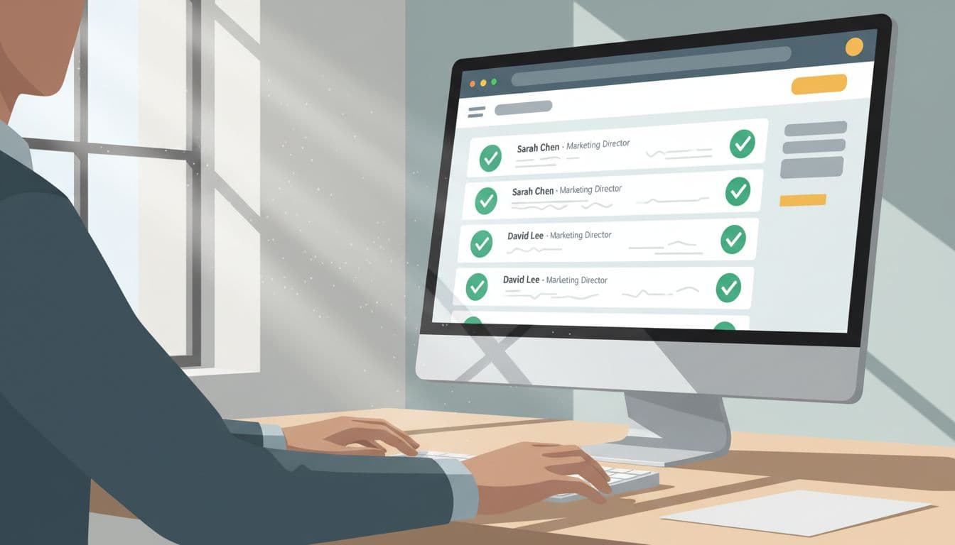 Modern illustration showing email verification results on Hunter.io with green checkmarks confirming valid emails for marketing directors, displayed on a computer screen in a quiet workspace viewed by one relaxed person with hands on desk.