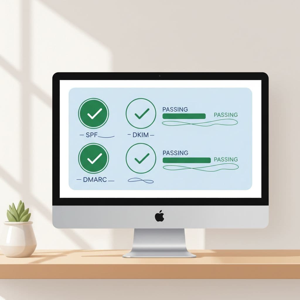 Modern illustration of a clean verification dashboard displaying green checkmarks for passing SPF, DKIM, and DMARC authentication checks. The single screen is in focus on a desk under soft natural light, with a simple composition.