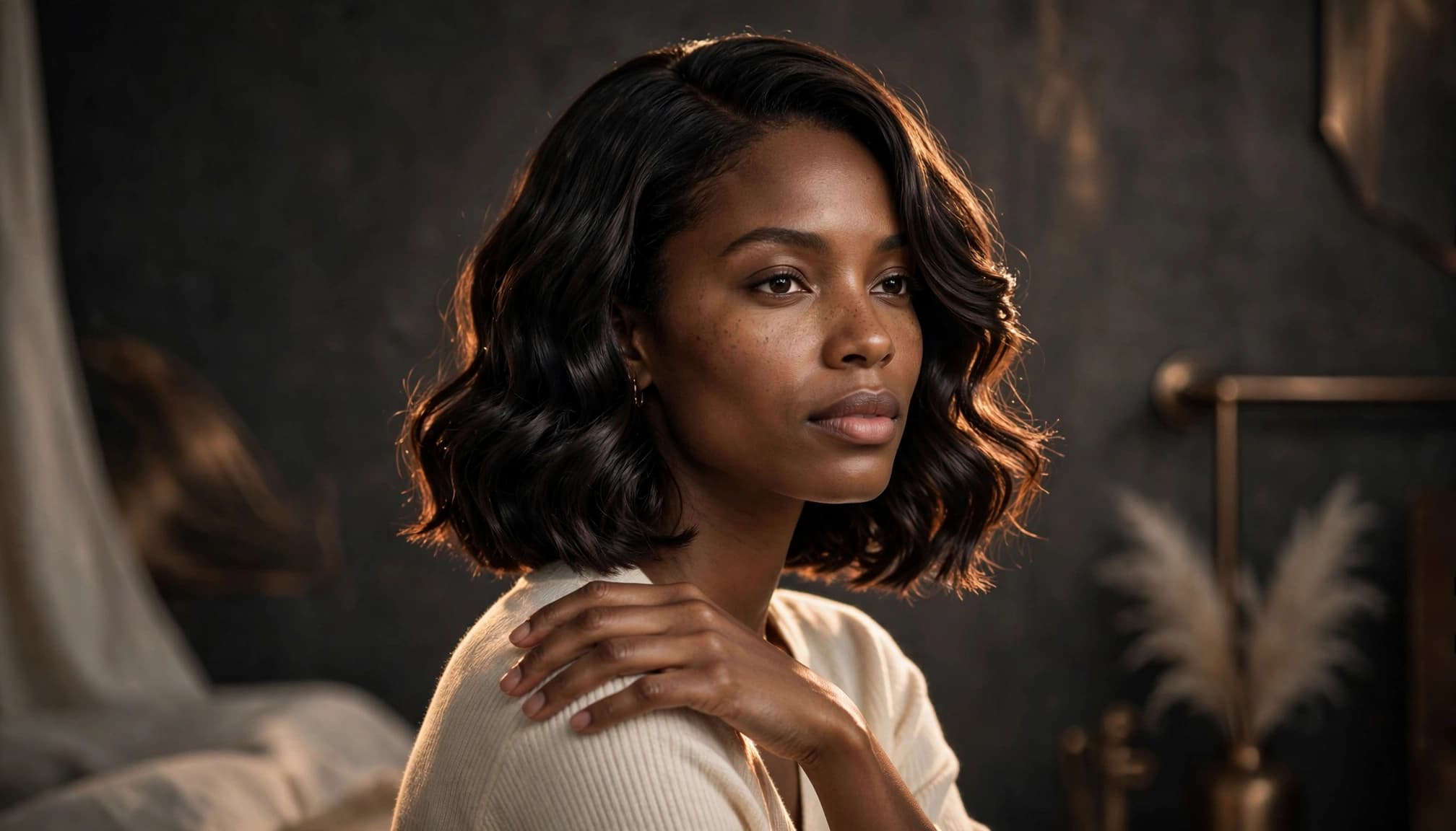 Black woman wearing a polished water wave bob in a warm beauty studio.