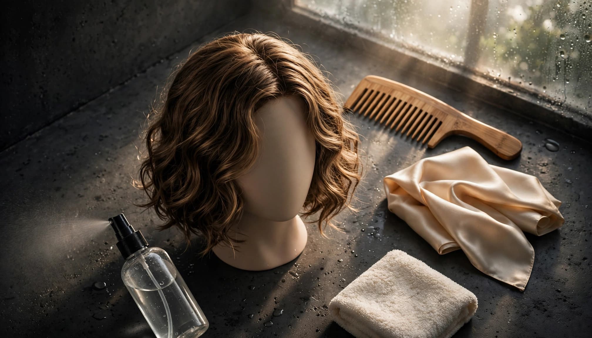Water wave bob wig with care tools on a dark bathroom vanity.