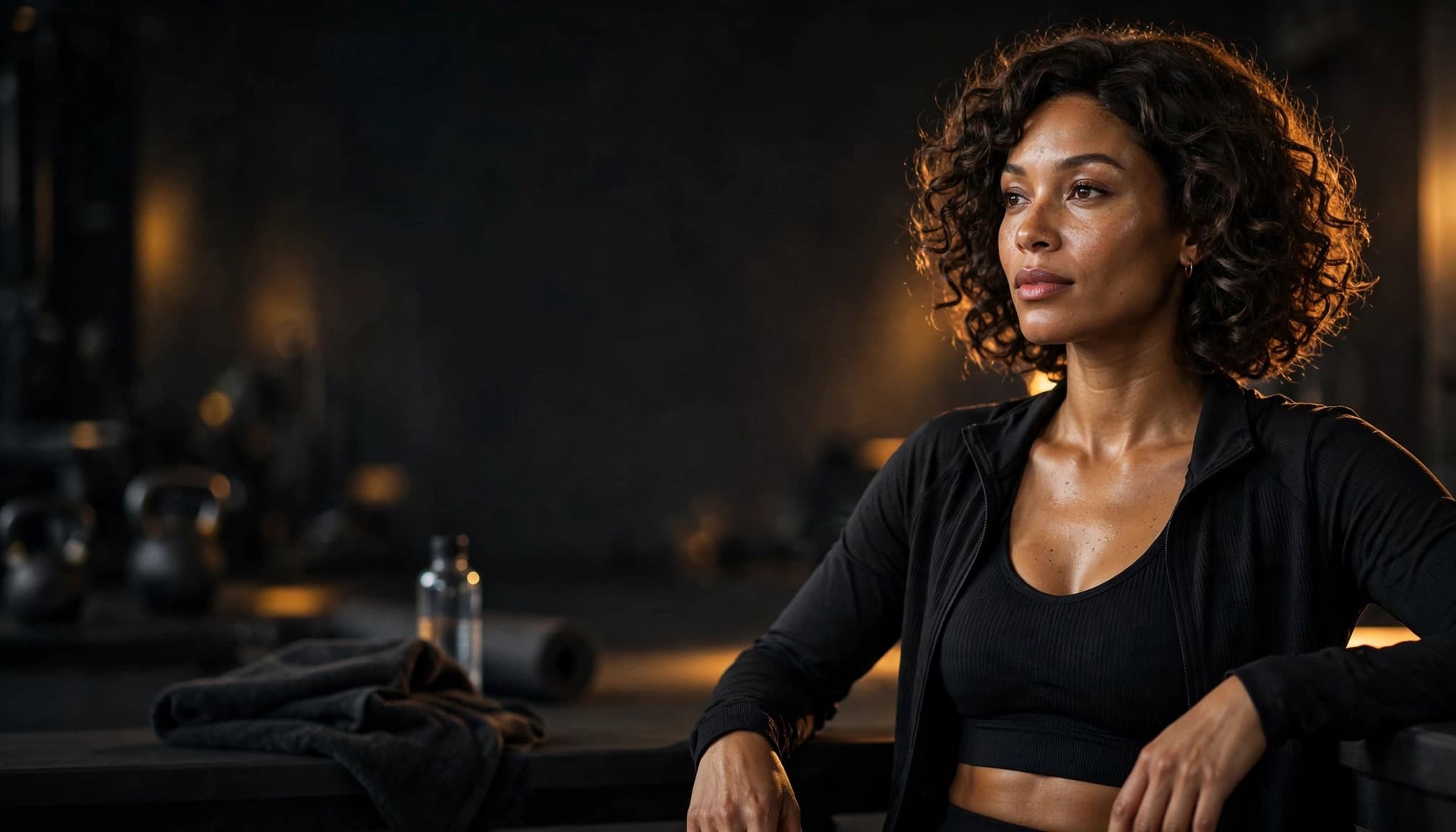 Woman in workout clothes wearing a curly wig in a dim fitness studio.