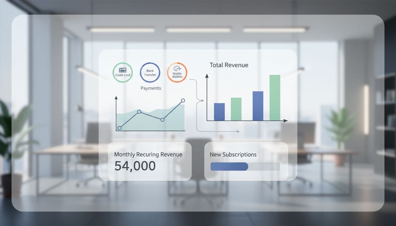 Modern illustration of a revenue metrics dashboard displaying charts syncing data from payments, set against a clean modern office background with centered graphs, numbers, soft lighting, and clean shapes.