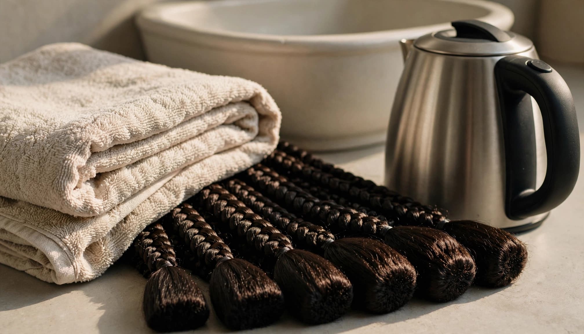 A still life showing braided hair extensions, a folded towel, and a metal kettle.