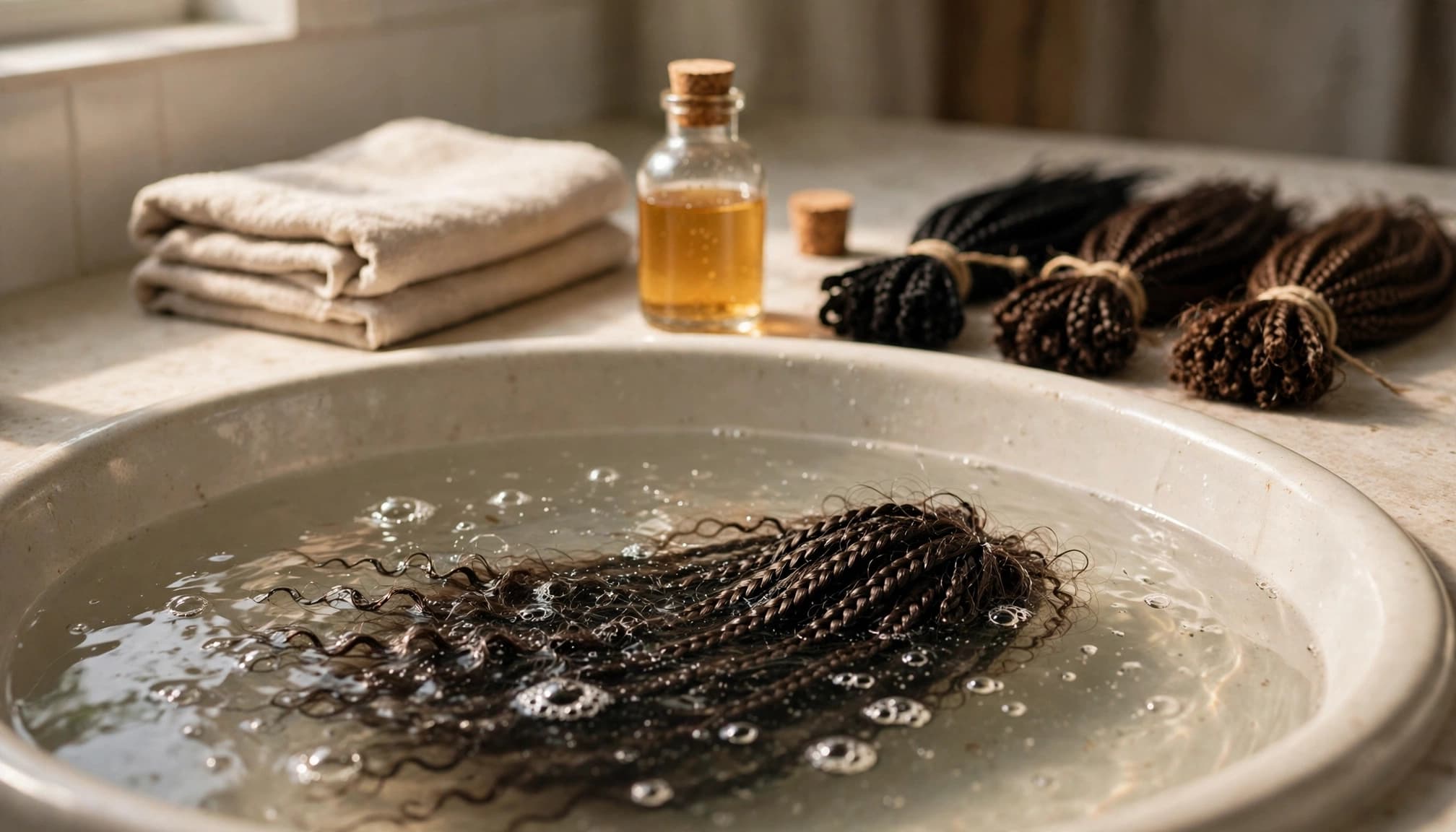 A bundle of braiding hair soaking in a basin with a bottle and folded towels on a counter.