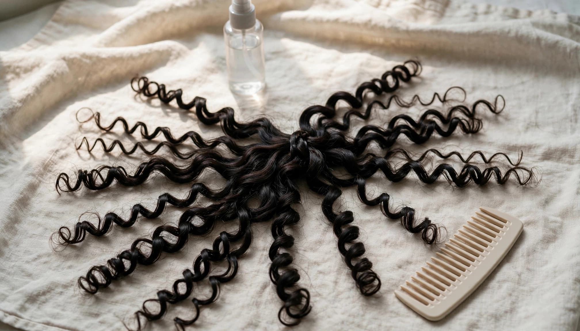 Dark synthetic curls lie sectioned on a towel beside a wide-tooth comb and mist bottle.